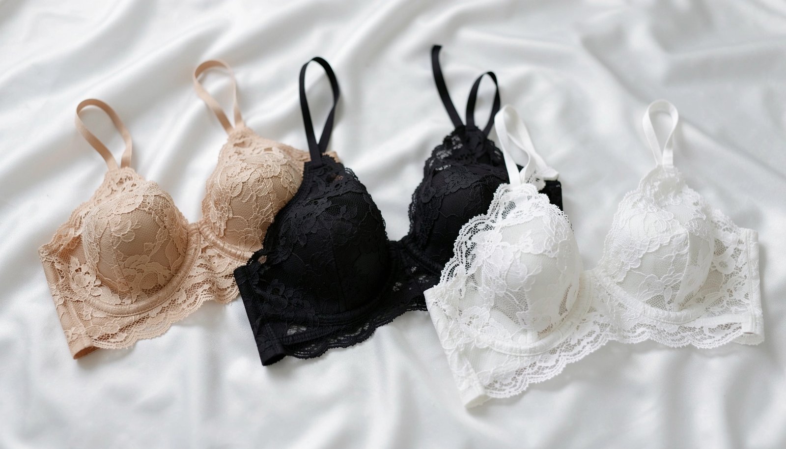 A collection of high-quality bras displayed on silk for a guide on choosing support.