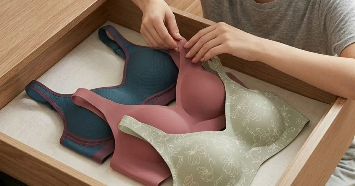 A neatly organized drawer with bras stored vertically to keep their shape and elastic.